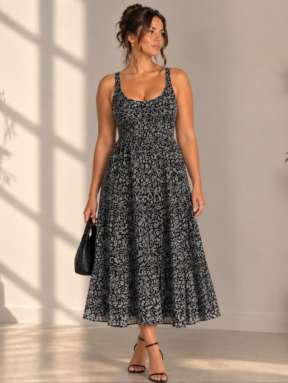 Nine West 100% Silk Black & Gray Floral Scroll Pattern Midi Dress Size 16